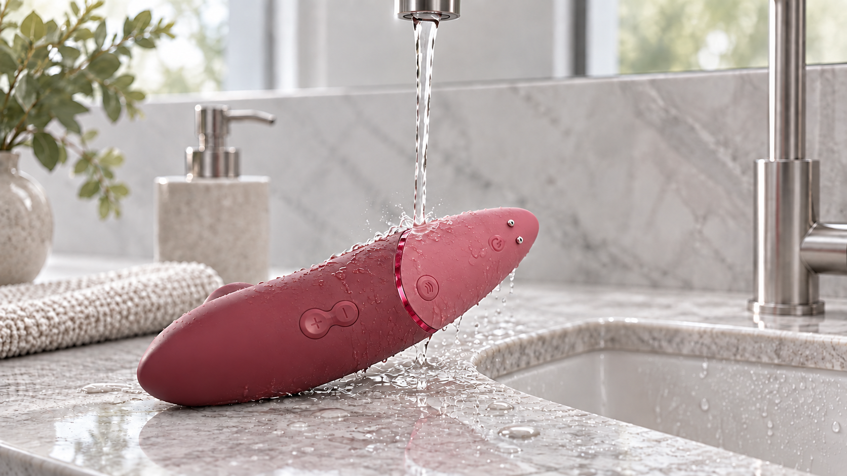 Bordeaux-colored wellness device being rinsed with water on a light stone counter