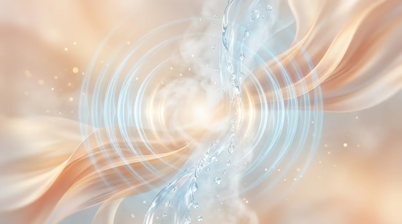 Abstract blue air-wave rings and flowing water on a warm peach background