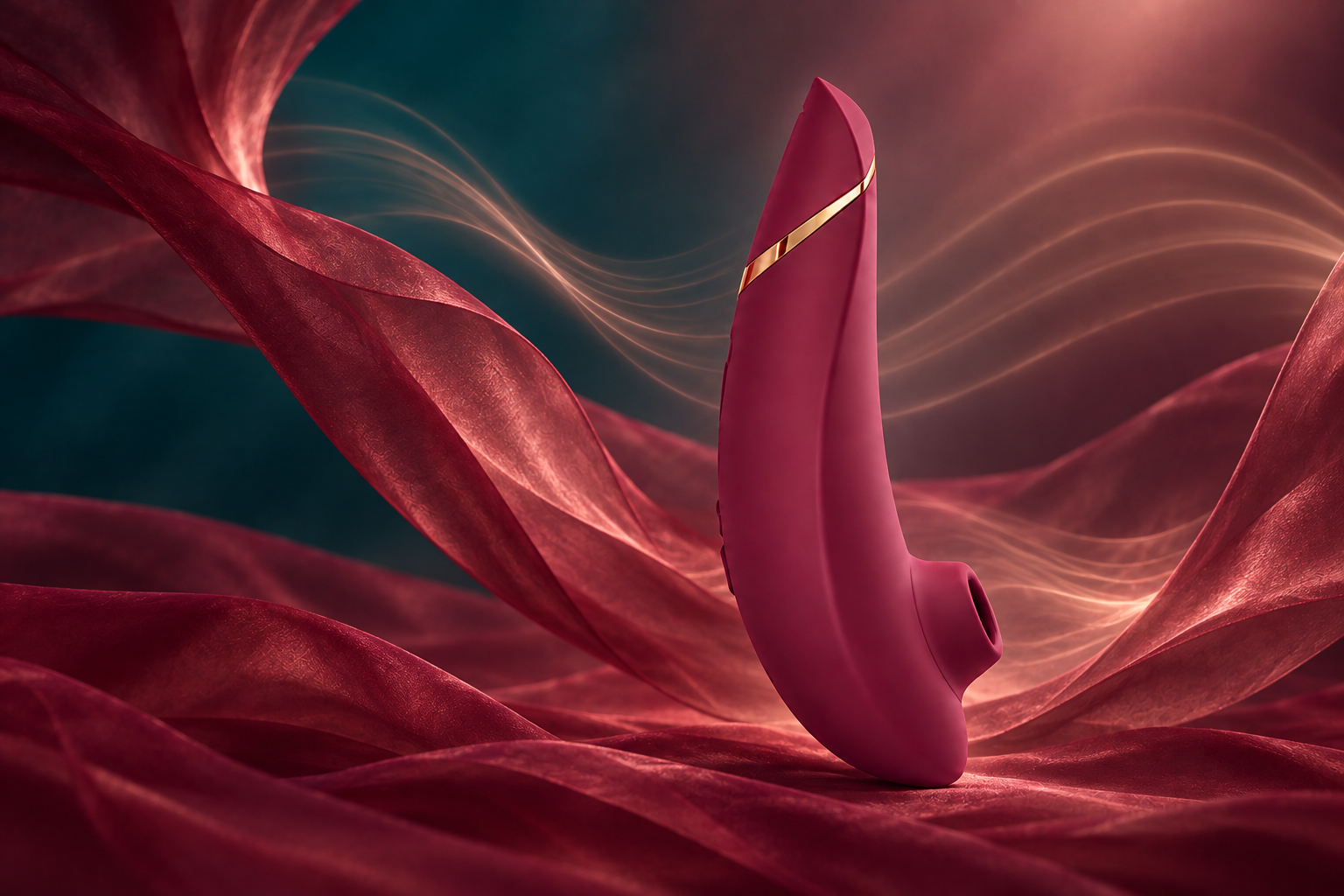 Burgundy air pulse stimulator surrounded by flowing translucent fabric