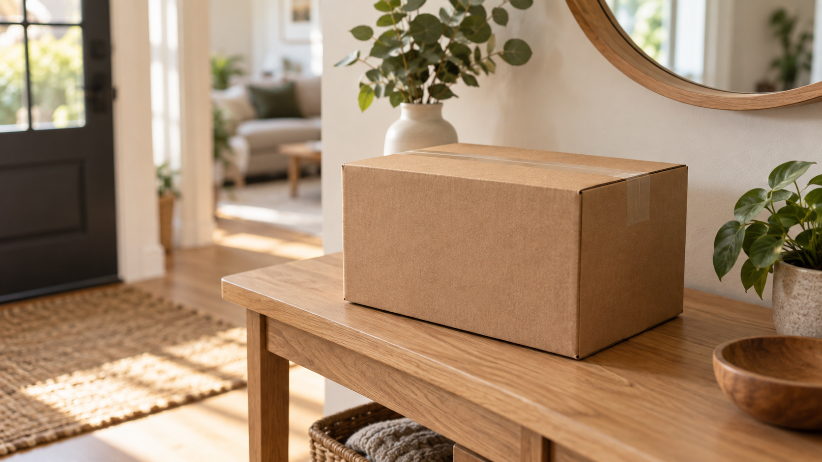 Plain unbranded kraft shipping box on a wooden entryway table