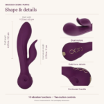 Purple Obsession Desire vibrator with shaft and external arm measurements, plus close-ups of its gold-tone details and handle.