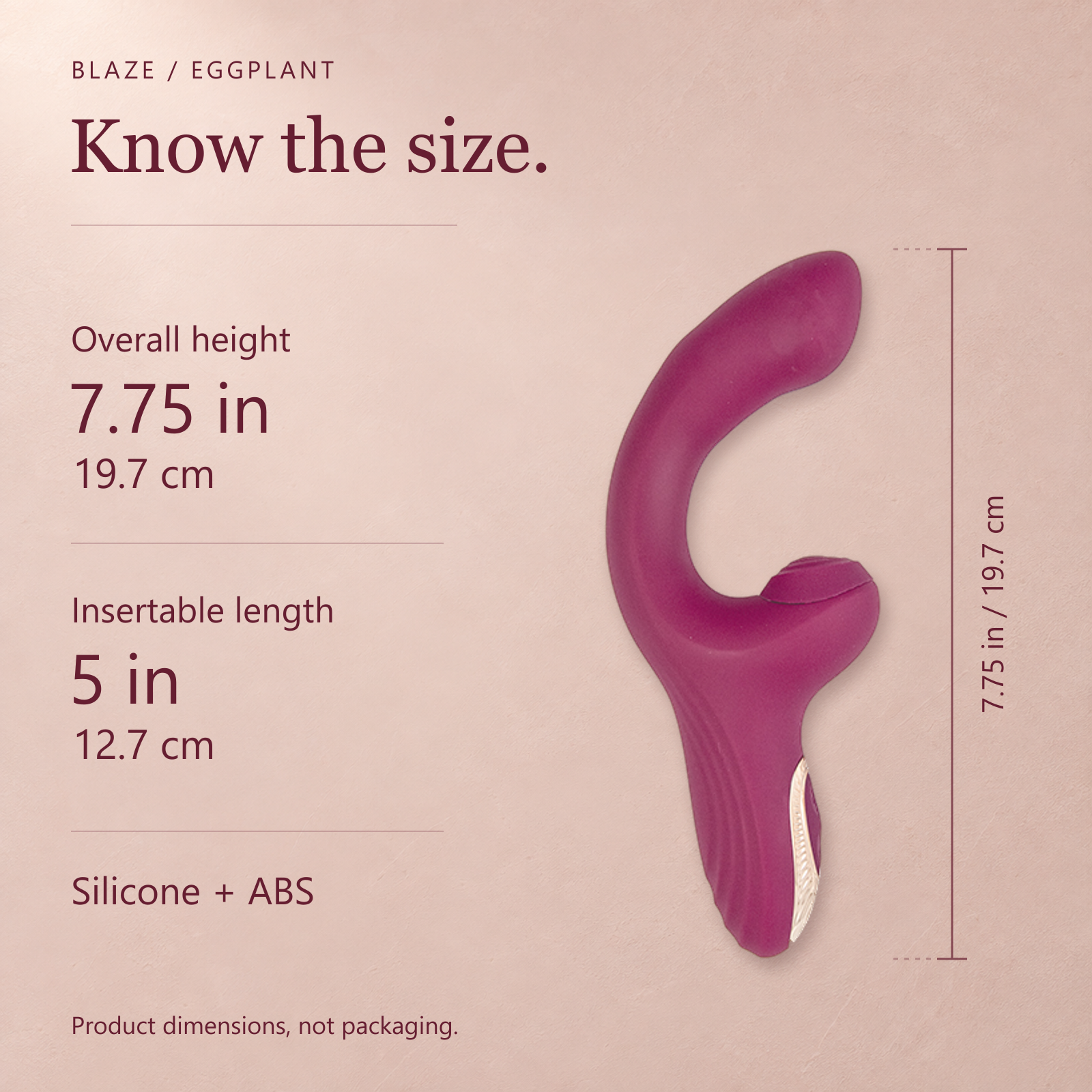 Side view of the Eggplant Blaze massager with overall height and insertable length measurements