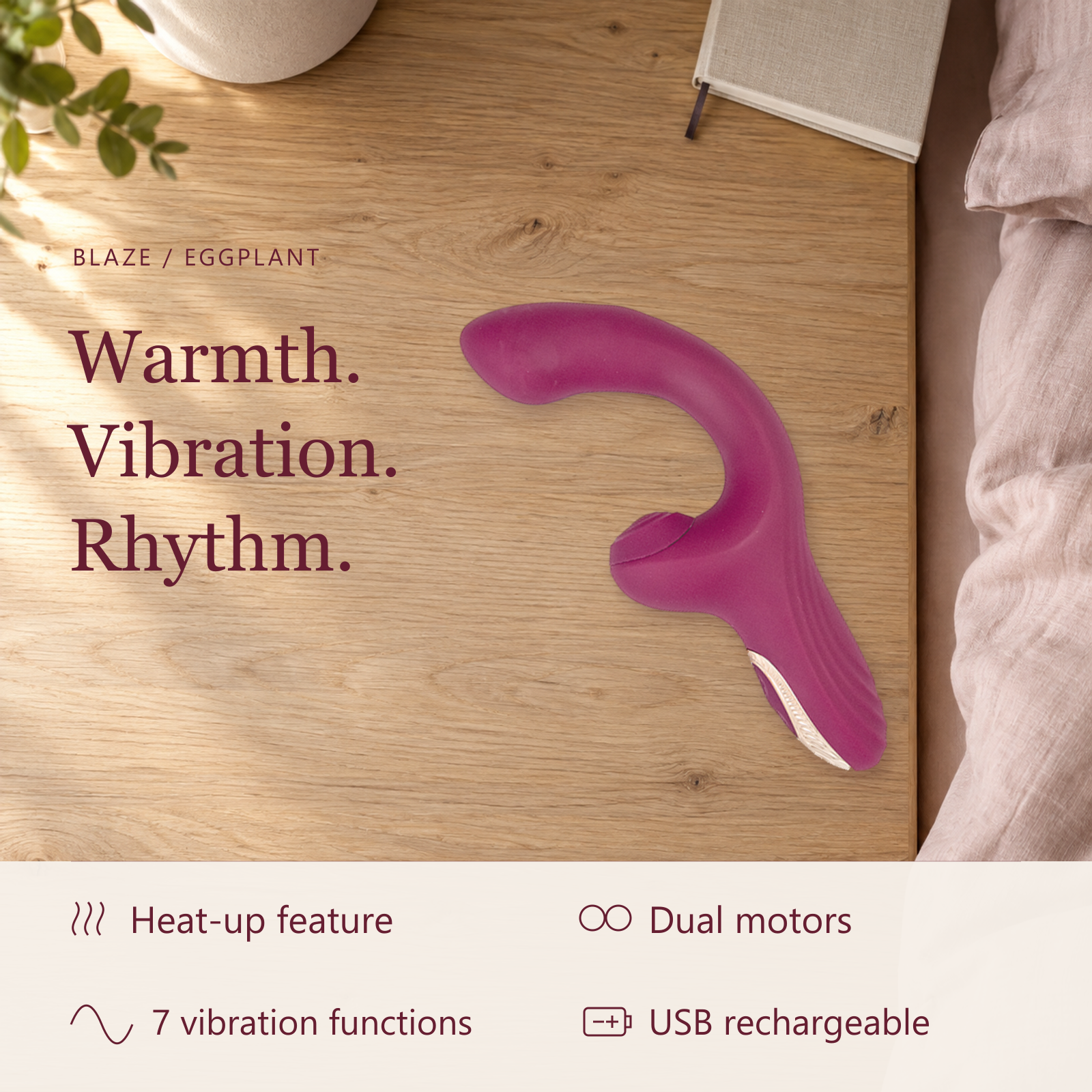 Eggplant Blaze massager in a bedside setting with a summary of its heating, vibration and USB charging features