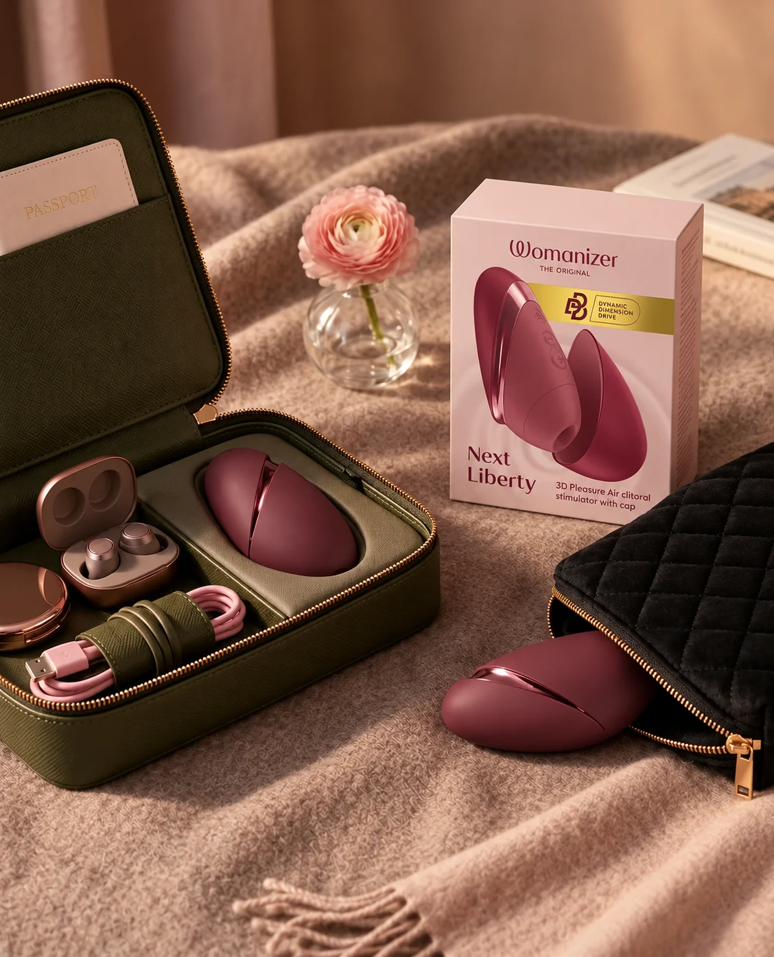 Bordeaux Womanizer Next Liberty shown with its retail box and travel organizers