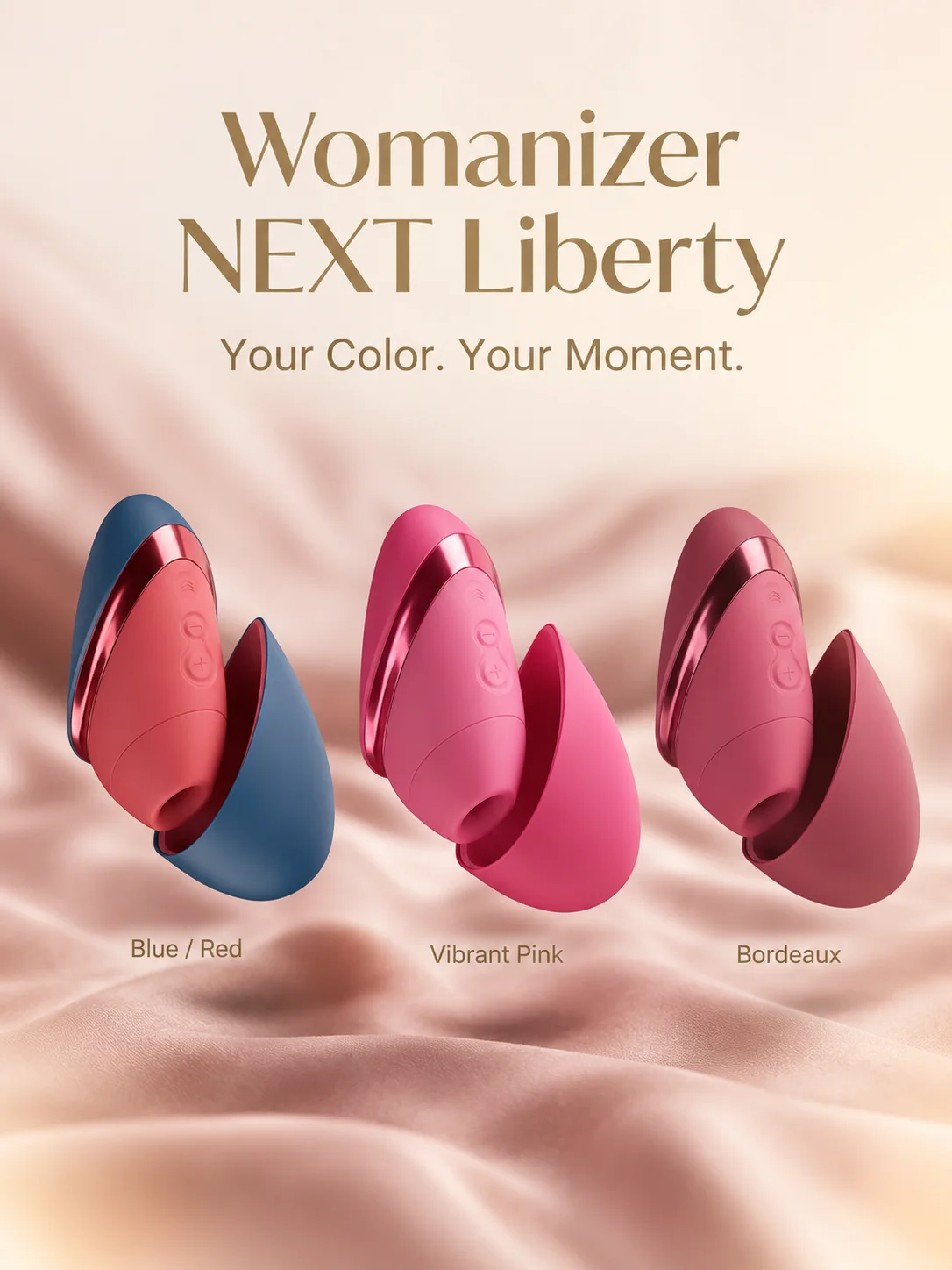 Womanizer Next Liberty in Blue/Red, Vibrant Pink and Bordeaux, each shown with its magnetic cover removed