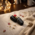 Womanizer Beauty Black/Gold lipstick-style clitoral stimulator in a warm lifestyle setting.