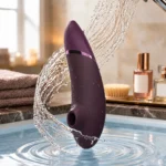 Womanizer Next in Dark Purple with water droplets in a warm bathroom setting