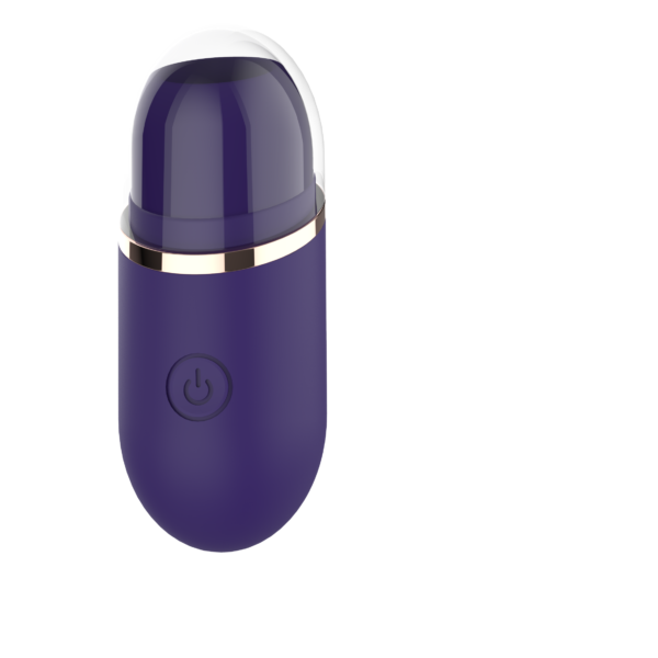 Amazing compact tongue massager in blue purple with a clear protective cap.