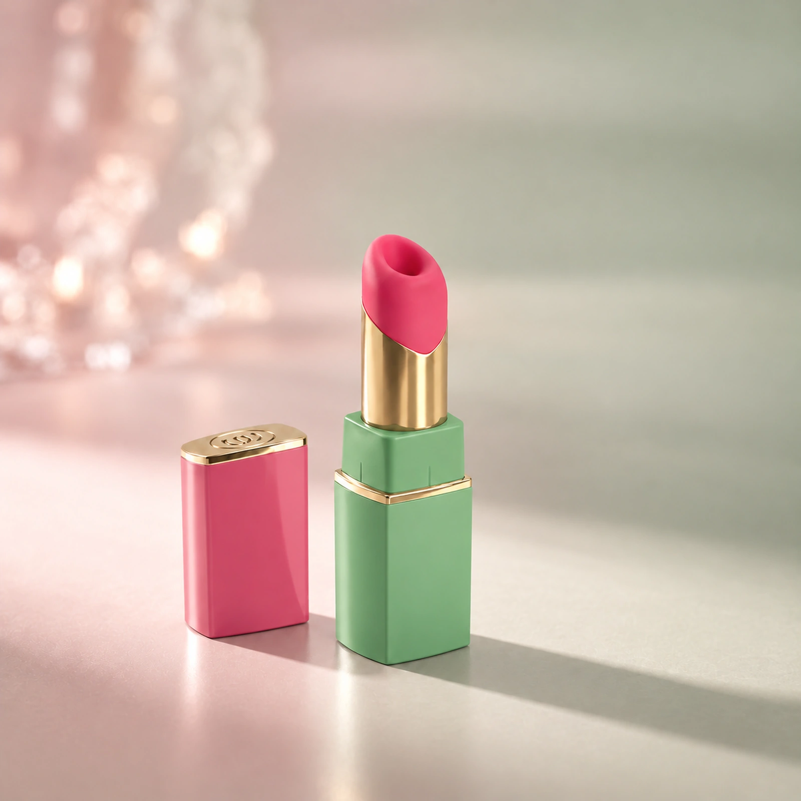 Womanizer Beauty in Green/Pink, with pink cap beside the green device