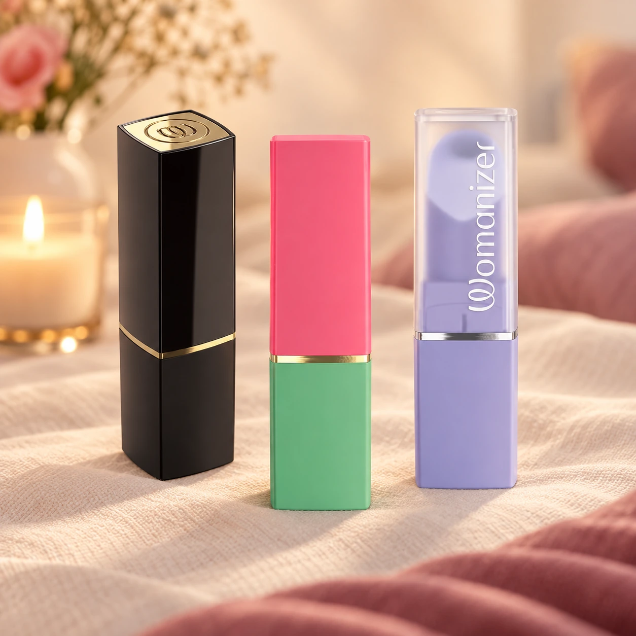 Three capped Womanizer Beauty colors together on soft linen in warm candlelight