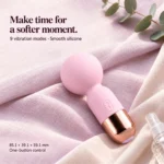 Blush pink mini wand vibrator on blush and lavender linen, with nine vibration modes and product dimensions