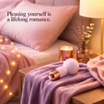 Blush pink mini wand vibrator on lavender fabric beside a warm bedside lamp and candle