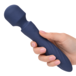 Charisma Mystique blue silicone massager held in hand, isolated on a transparent background