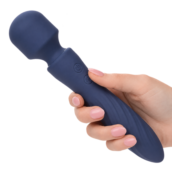 Charisma Mystique blue silicone massager held in hand, isolated on a transparent background