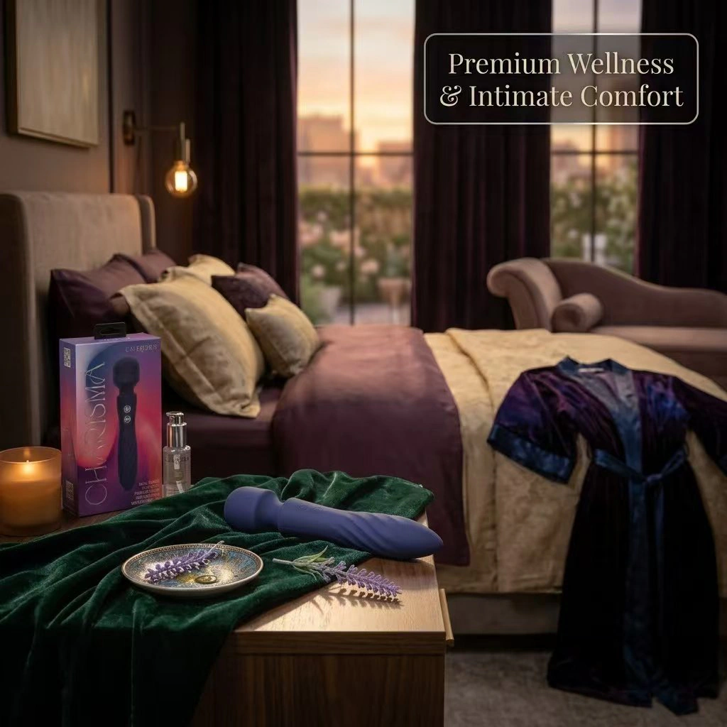 Blue Charisma Mystique massager in a warm bedroom setting