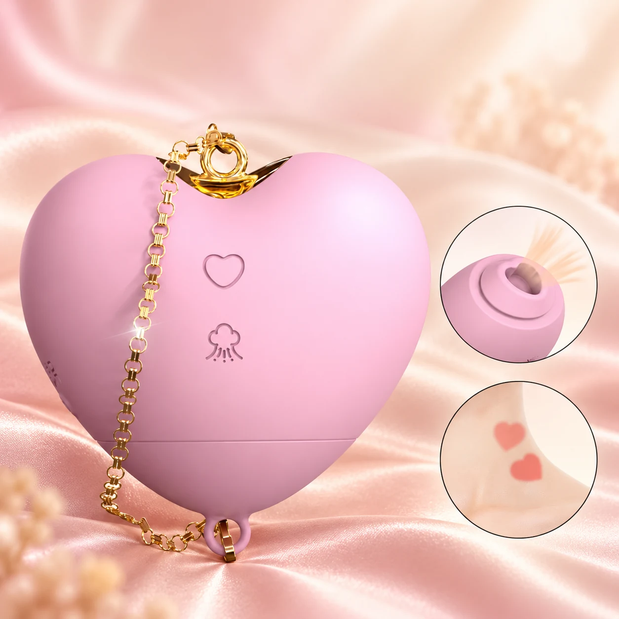 Blush-pink Cupid’s Heart with gold-tone chain and two feature illustrations.