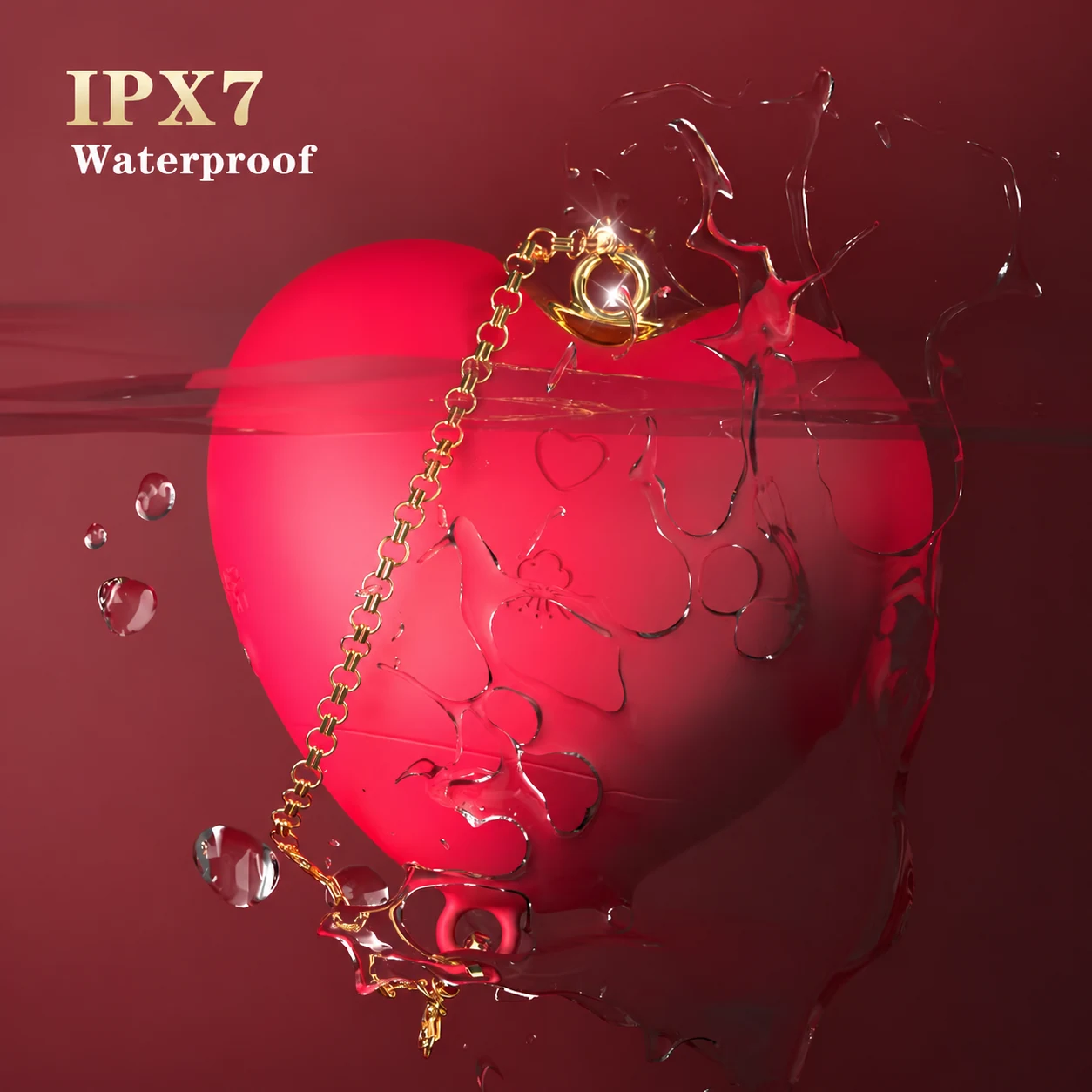 Rose-red Cupid’s Heart suction stimulator with gold-tone chain, illustrating its IPX7 waterproof design.