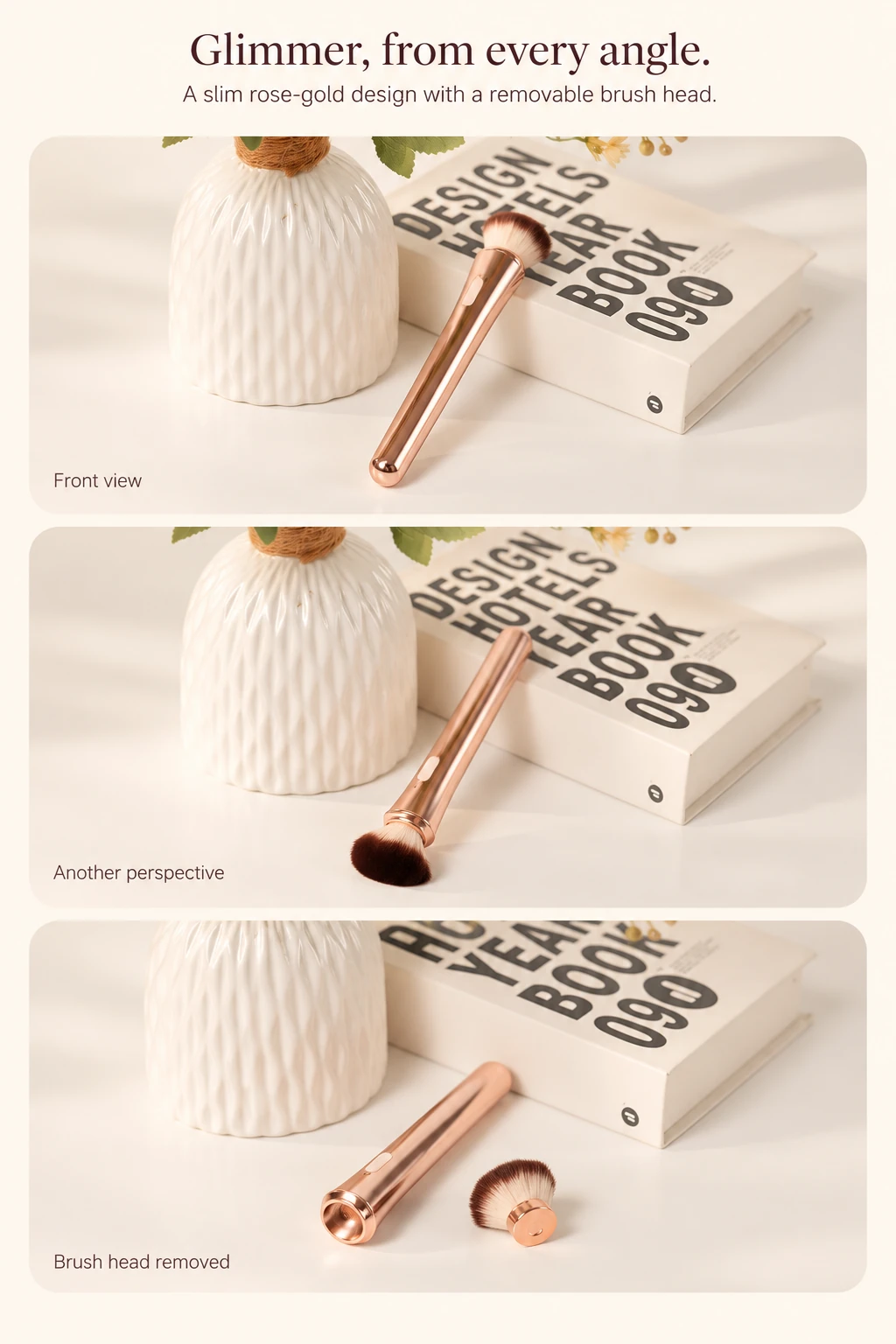 Glimmer rose-gold brush vibrator shown assembled and with the brush head removed