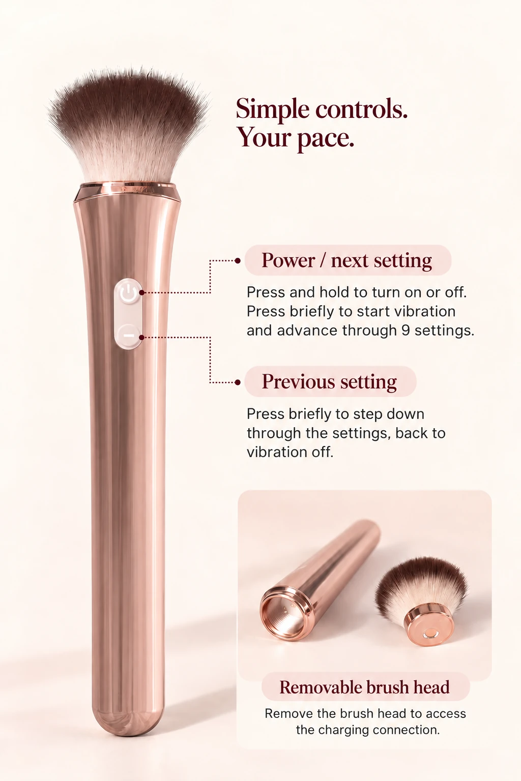 Glimmer power and setting controls with removable brush head