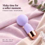 Lilac purple mini wand vibrator on blush and lavender linen, with nine vibration modes and product dimensions