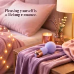 Lilac purple mini wand vibrator on lavender fabric beside a warm bedside lamp and candle