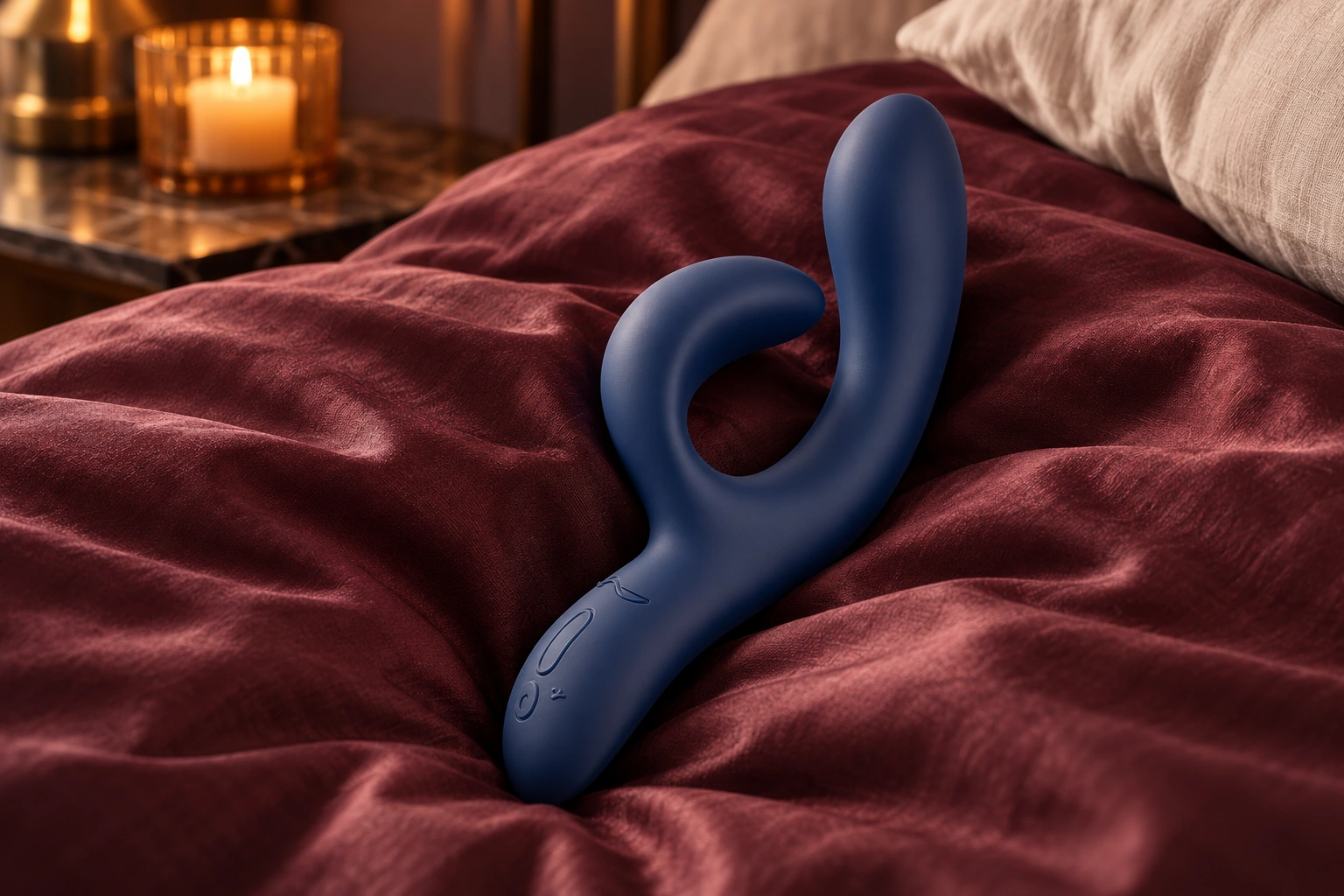 We-Vibe Nova 2 Midnight Blue on burgundy bedding in warm candlelight