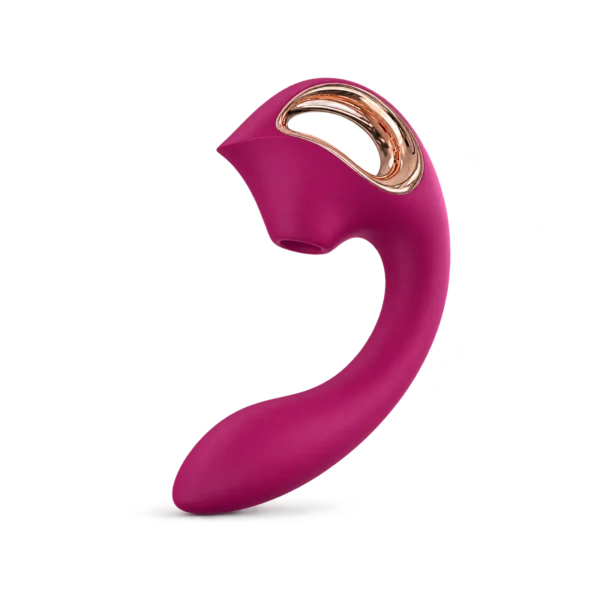 Selene suction and G-spot vibrator in Wine Red with a rose-gold finger-grip ring on a transparent background
