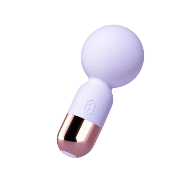 Sweet Pop mini wand vibrator in Lilac Purple with rose-gold trim on a transparent background