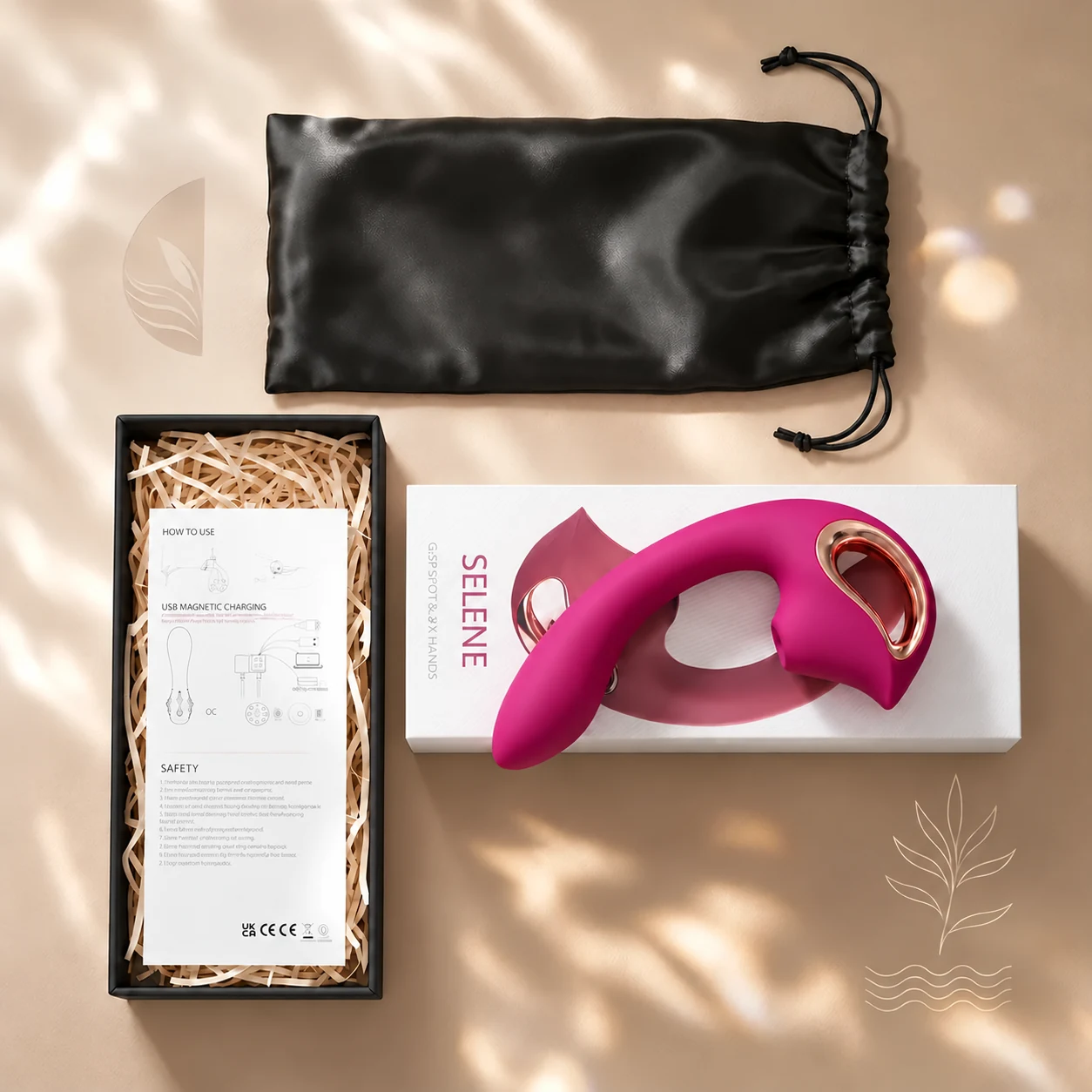 Wine Red Selene with its retail carton, black storage pouch and user guide in a black box.