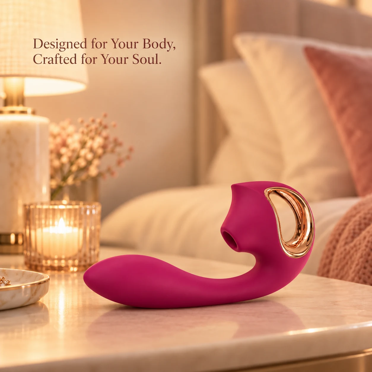 Wine Red Selene vibrator with rose-gold grip ring on a bedside table.