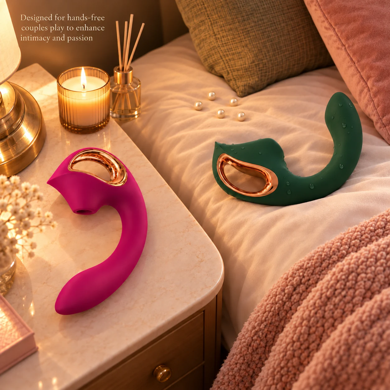 Wine Red and Dark Green Selene vibrators in a softly lit bedroom.