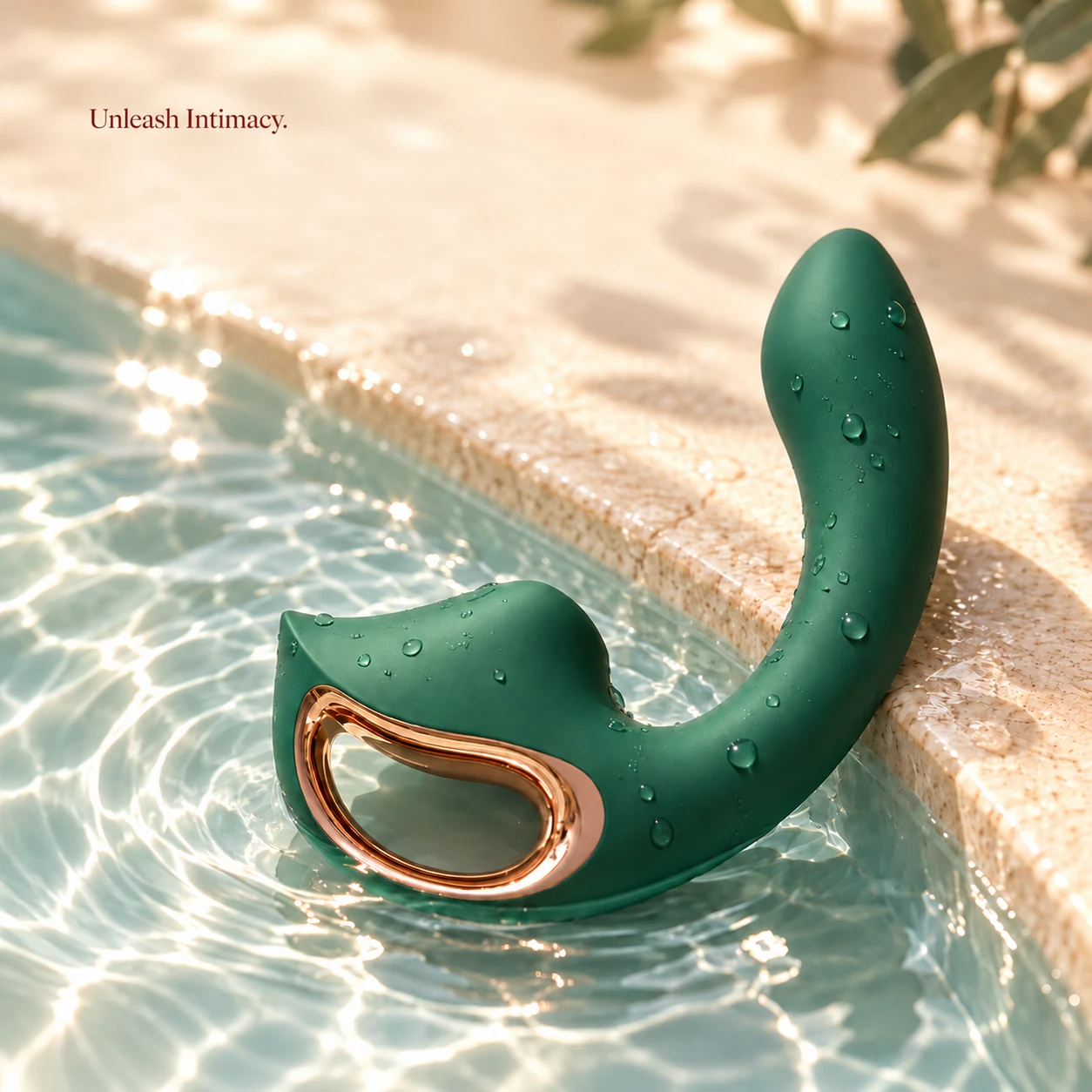 Dark Green Selene vibrator with water droplets beside a stone bath edge.