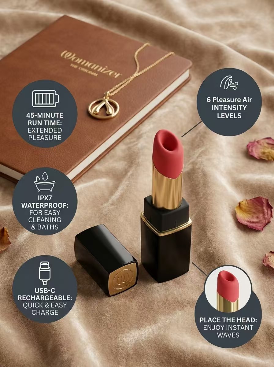 Black/Gold Womanizer Beauty feature overview showing six levels, USB-C, IPX7 and 45-minute run time