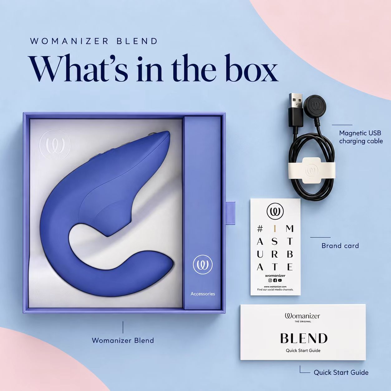 Womanizer Blend Vibrant Blue rabbit vibrator with its magnetic USB cable, guide and included accessories