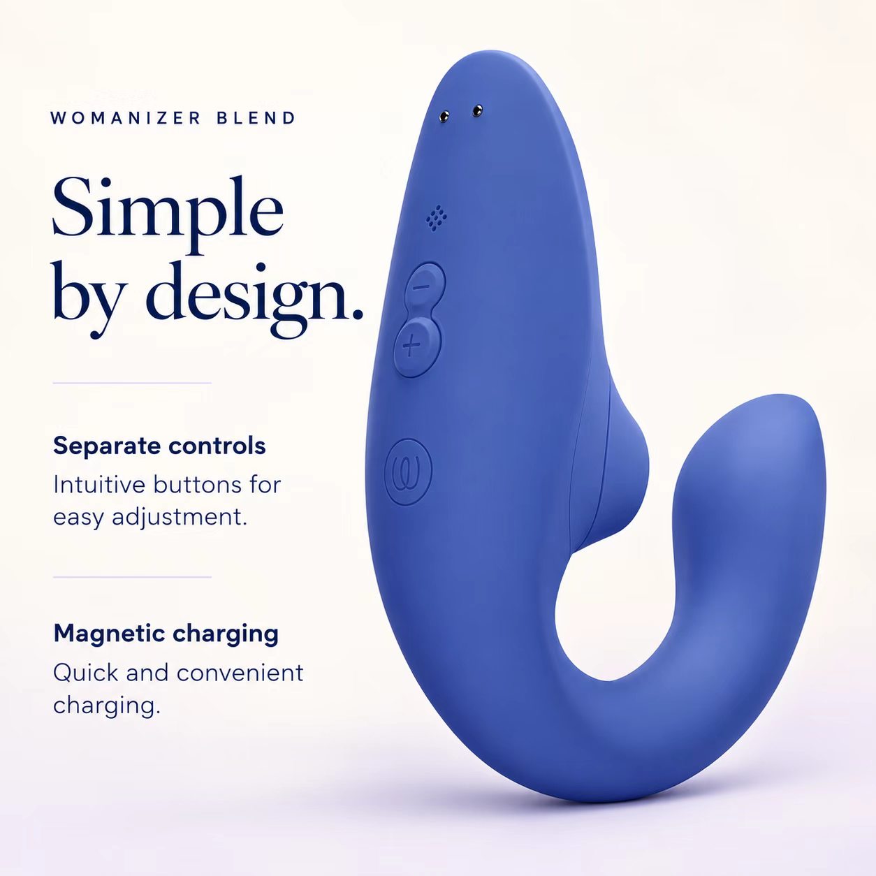 Womanizer Blend Vibrant Blue rabbit vibrator showing control buttons and magnetic charging contacts