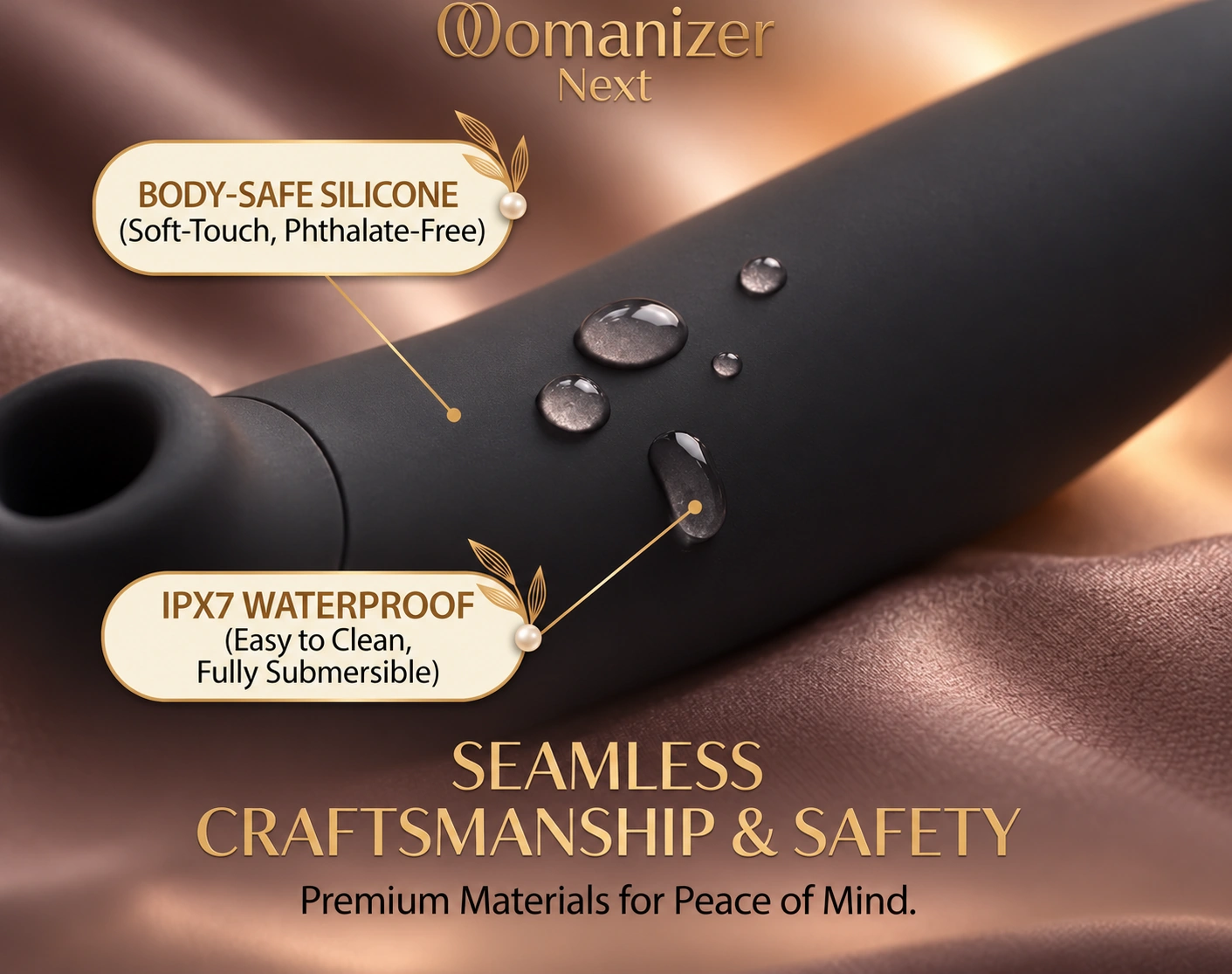 Close-up of the smooth black Womanizer Next with water droplets and silicone and IPX7 waterproof information.