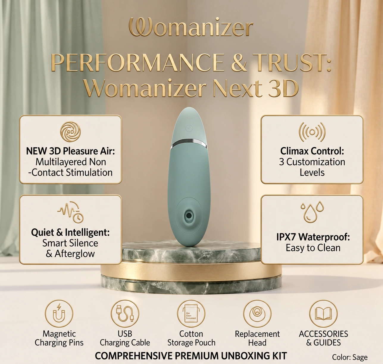 Womanizer Next in Sage with 3D Pleasure Air, Climax Control, Smart Silence, Afterglow and IPX7 waterproof feature information.