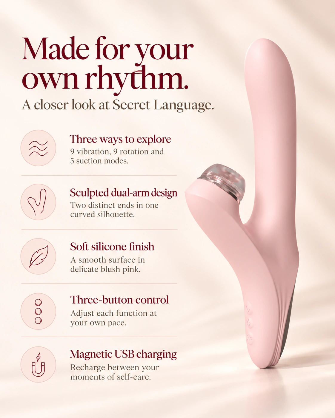 Pink Secret Language device with vibration, rotation, suction, silicone finish and charging features